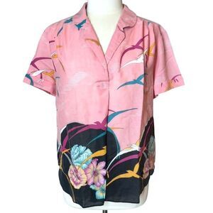 Vintage California Connection Hawaiian Shirt in Pink Collared Pleat Front Birds